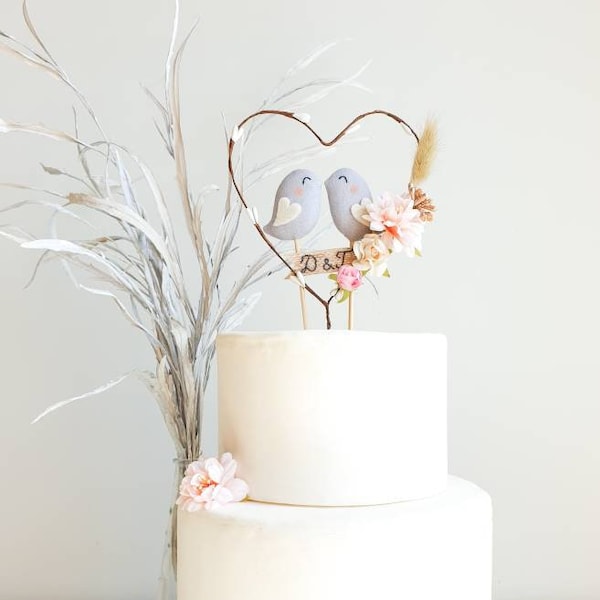 Personalized Love Birds Cake Topper and Wire Heart - Cute Birds Cake Decor With Wreath - Unique Wedding Cake Topper For Rustic, Gray Wedding