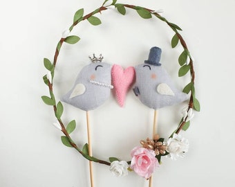 Love Birds Wedding Cake Topper: Handmade Linen Bride and Groom
