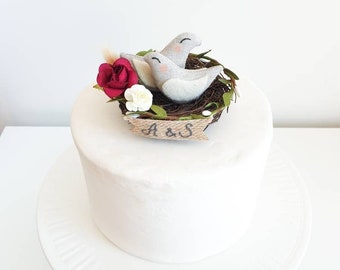 Floral Love Birds Nest Wedding Cake Topper, Handmade Anniversary Decor
