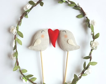 Linen Love Birds Wedding Cake Topper with Heart