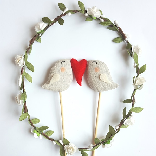 Love birds wedding cake topper - Birds with heart cake topper - Linen birds wedding cake topper