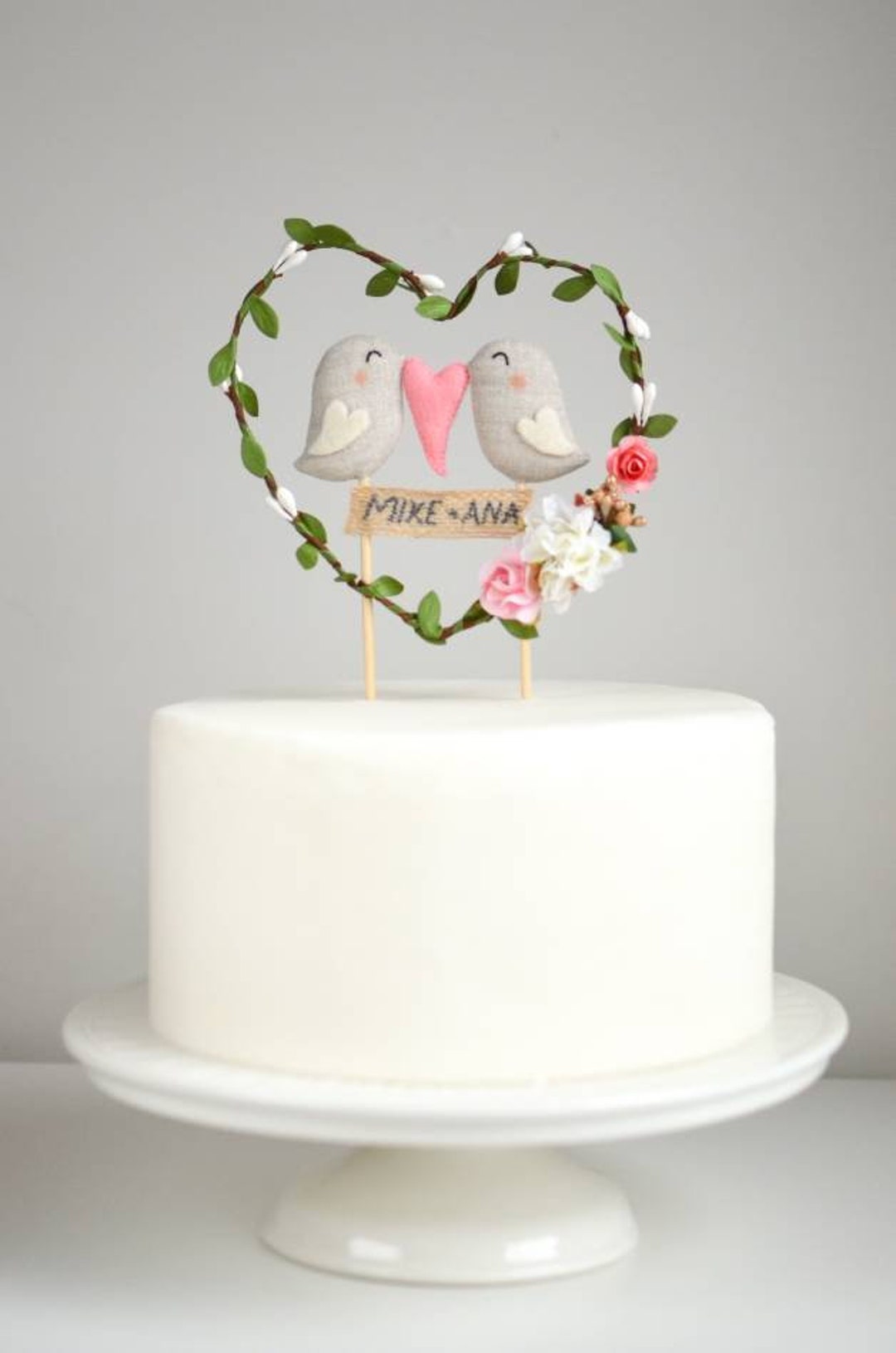 Personalized Love Birds Cake Topper With Heart Shaped Wreath