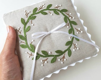 Wreath of Leaves Ring Bearer Pillow, Linen Ring Cushion for Forest / Woodland / Rustic / Cottage style Weddings