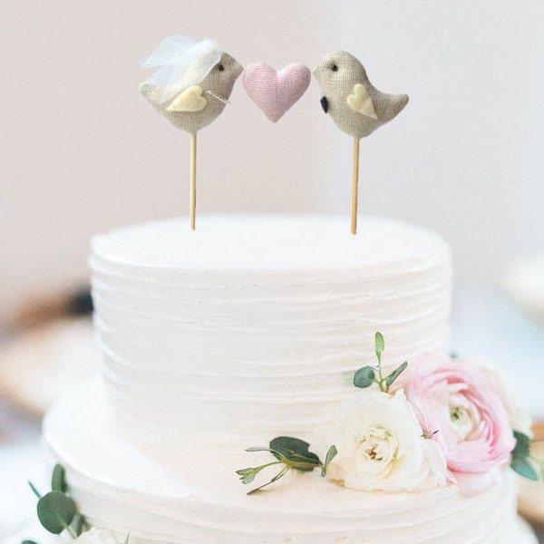Love Birds Wedding Cake Topper - Bride and Groom with Pink Heart - Sweet Birds Cake Topper for Pink, Romantic Wedding
