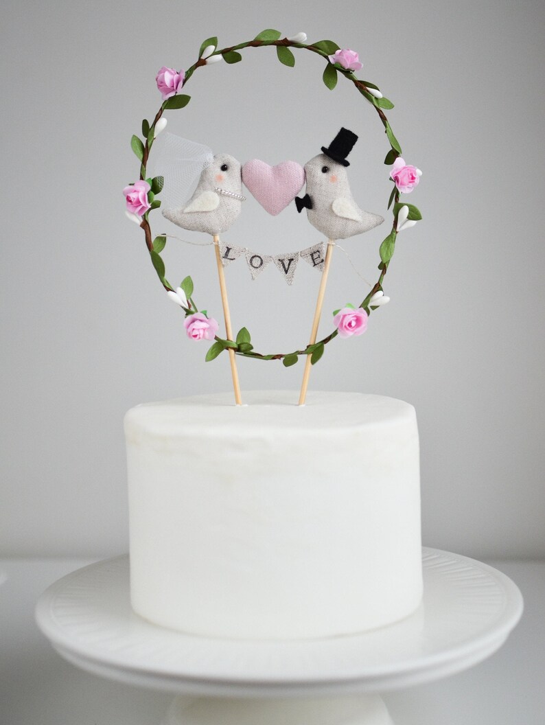 Love Birds Wedding Cake Topper Bride and Groom Birds Cake Topper Love garland with birds, pink heart and greenery wreath light pink flowers
