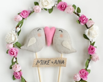 Personalised Birds Wedding Cake Topper - Love Birds with pink heart Cake Topper - Unique Cute Lovely Funny Cake Topper for Wedding