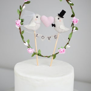 Love Birds Wedding Cake Topper Bride and Groom Birds Cake Topper Love garland with birds, pink heart and greenery wreath image 3
