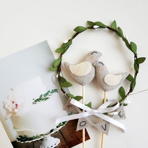 Love Birds Wedding Cake Topper with Green Wreath and Banner LOVE - Elegant Linen Birds Cake Topper for Rustic Woodland Forest Wedding Theme