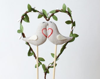 Love Birds Wedding Cake Topper With Green Wreath Heart - Birds With an Embroidered Heart Cake Topper