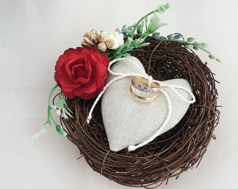 Floral ring bearer, nest ring for wedding rings, bird nest, ring holder with heart for rustic, woodland wedding, ring pillow alternative