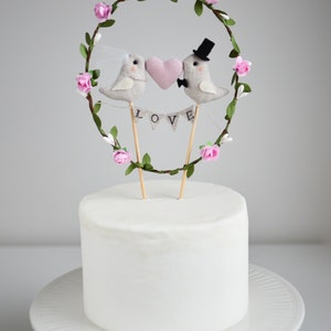 Love Birds Wedding Cake Topper Bride and Groom Birds Cake Topper Love garland with birds, pink heart and greenery wreath image 4