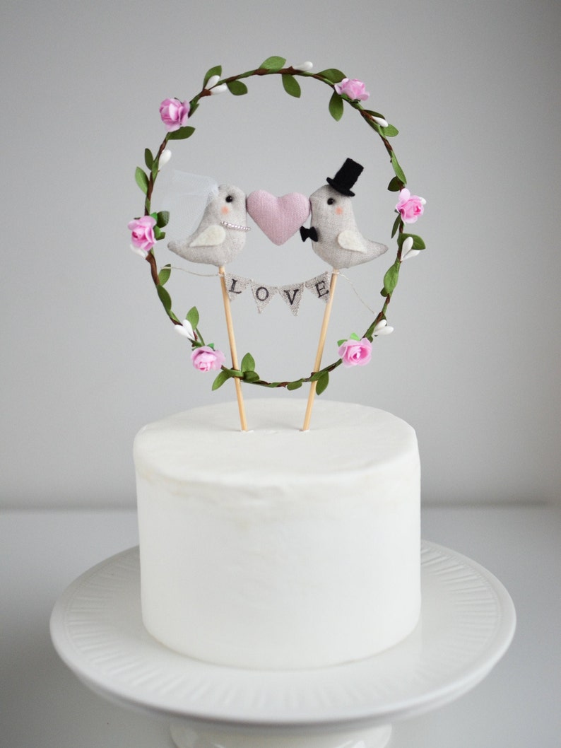 Love Birds Wedding Cake Topper Bride and Groom Birds Cake Topper Love garland with birds, pink heart and greenery wreath image 4