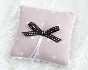 Sweet Pink Wedding Ring Pillow with Polka Dots, Lovely Unique Ring Pillow, Romantic Ring Cushion, Linen Ring bearer Pillow, Pink Ring Bearer