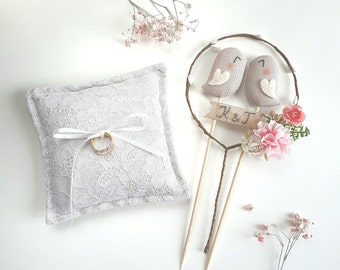 Personalized Love Birds Cake Topper & Ring Pillow Set – Rustic Wedding