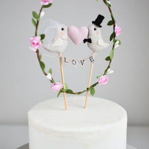 Love Birds Wedding Cake Topper Bride and Groom Birds Cake Topper Love garland with birds, pink heart and greenery wreath image 2