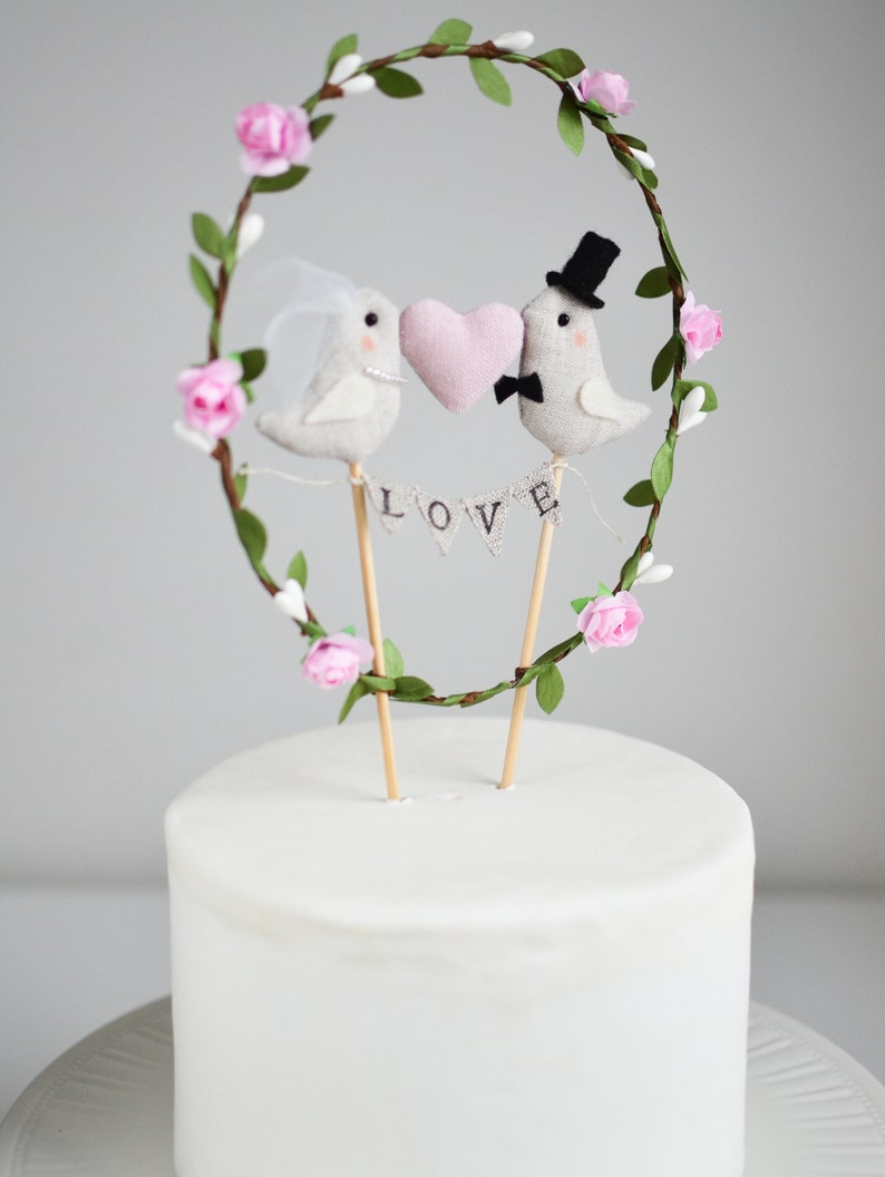 Love Birds Wedding Cake Topper Bride and Groom Birds Cake Topper Love garland with birds, pink heart and greenery wreath image 2