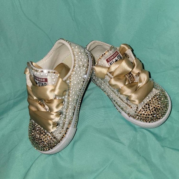 white champagne  Bling and pearl converse Toddler birthday bling custom converse embellished toddler shoe,bedazzled rhinestone