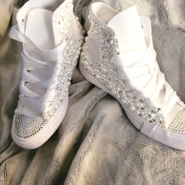 White High top bling and pearl rhinestone Converse custom embellished shoes wedding prom homecoming birthday shoes rhinestone