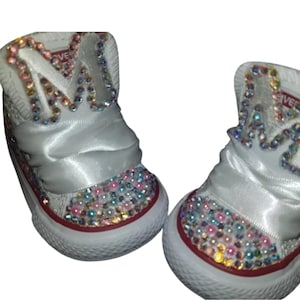 White Custom bling converse initials,rhinestone,baby toddler shoes,embellished, birthday, wedding party,flower girl,satin laces,chuck Taylor