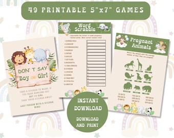 Paquete de juegos de safari para baby shower. Paquete de juegos de la jungla para bebés. Juego imprimible para baby shower. Descarga instantánea. Juego para invitados. Juegos digitales de safari para bebés.