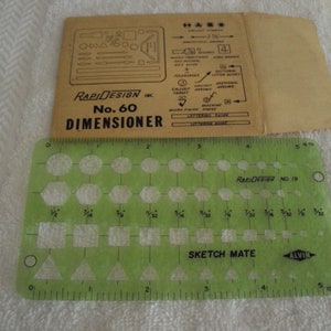 May include: A green plastic drafting tool with a ruler and various shapes, including circles, squares, and triangles. The tool is labeled "Rapid Design No. 19 Sketch Mate Alvin".