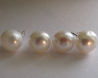Set of Two-10mm Stud Pearl Earrings,White Pearl Earrings,Pearl Earrings,Sterling Silver,AA Potato Pearl Earrings