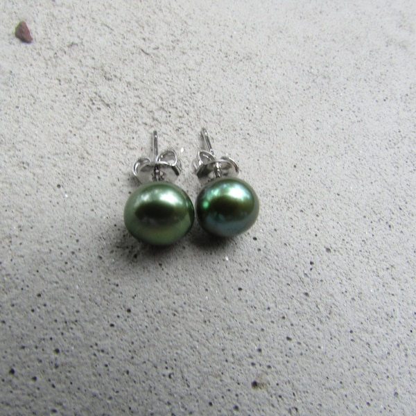 6-8mm Dark Green Pearl Earrings,Pearl Earrings,Potato Pearl,Stud Pearl Earrings,Freshwater Pearl,925 Stud Earring,Birthday Gift,Bridal Gift