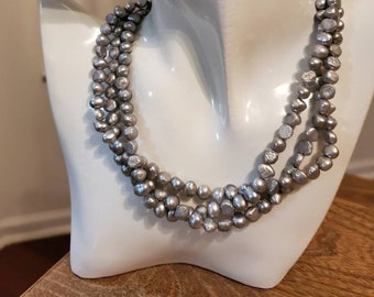 Light Gray Pearl Necklace, Gray Necklace, Freshwater Pearl Necklace,3 Strands Pearl Necklace, Bridal Gift, Wedding Gift,Grey Pearl Necklace,