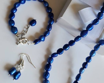 Blue Pearl Set, Blue Pearl Necklace, Blue Pearl Bracelet, Blue dangle Pearl Earrings, Blue Rice Freshwater Pearl, Weddings, Bridesmaid