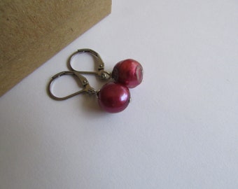 Reddish Pearl Earrings,Pearl Earrings,Dangle Pearl Earrings,Rice Pearl Earrings,Purple Pearl Earrings,Freshwater Pearl Earrings,Pearl
