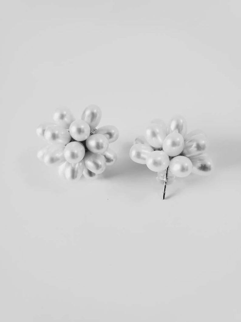 Freshwater Pearl Earrings White Stud Pearl Earrings Rice Pearl Earrings Flower Pearl Earrings Silver Pearl Earrings