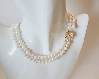 White Pearl Necklace, Pearl Necklace, Gold Pearl Necklace, Freshwater Pearl, Wedding Pearl Necklace, Wedding Gift, Bridal Gift, White Pearl