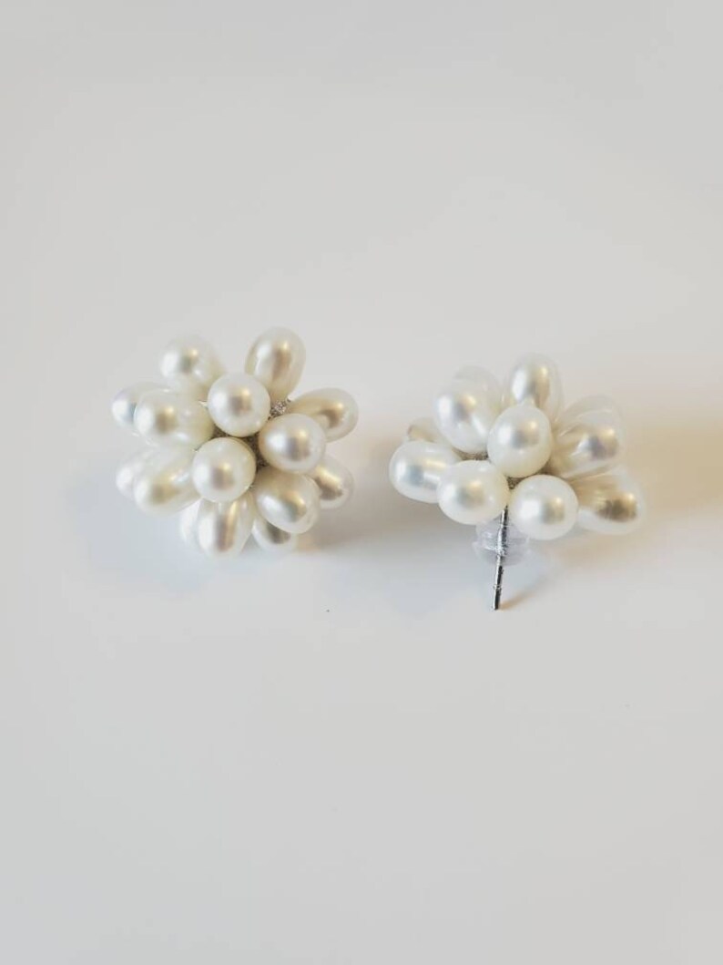 Freshwater Pearl Earrings White Stud Pearl Earrings Rice Pearl Earrings Flower Pearl Earrings Silver Pearl Earrings