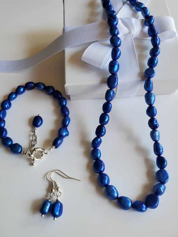 Blue Pearl Set Blue Pearl Necklace Blue Pearl Bracelet Blue Etsy