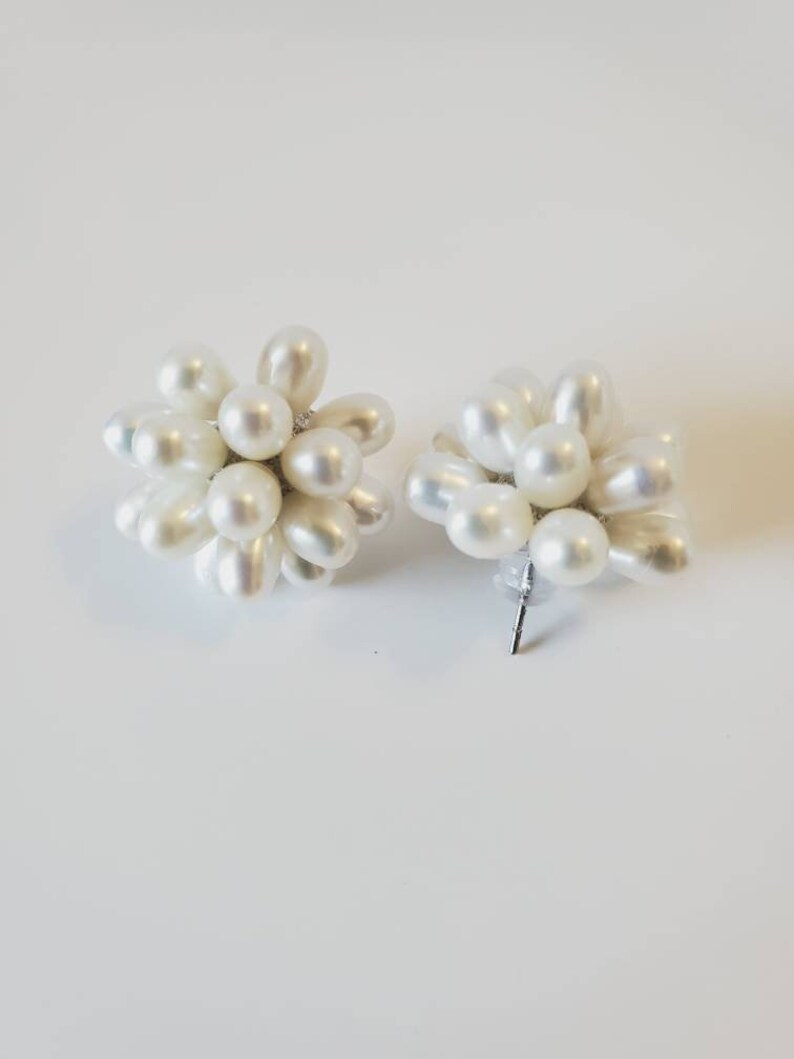 Freshwater Pearl Earrings White Stud Pearl Earrings Rice Pearl Earrings Flower Pearl Earrings Silver Pearl Earrings