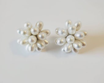 White Stud Pearl Earrings, Flower Pearl Earrings, Silver Pearl Earrings, Rice Pearl Earrings, Freshwater Pearl Earrings