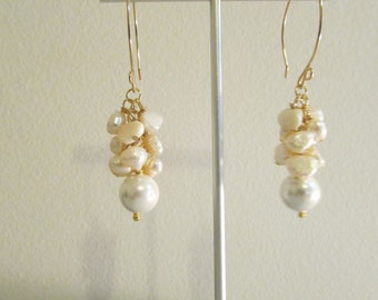 10mm White Pearl Earrings, Gold Earrings, 14k Gold Pearl Earrings, White Pearl Earrings, Dangle Pearl Earrings, Freshwater Pearl Earrings