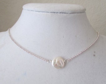 Single White Coin Pearl Necklace,Pearl Necklace,Silver Pearl Necklace,Gift,Bridal Gift,Birthday Gift