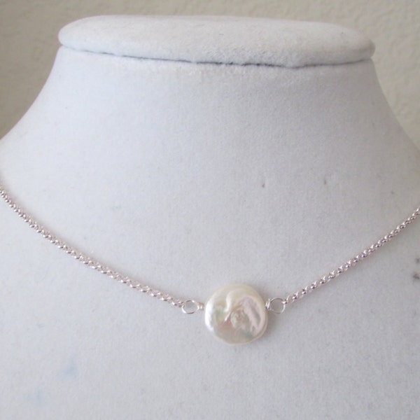 Single White Coin Pearl Necklace,Pearl Necklace,Silver Pearl Necklace,Gift,Bridal Gift,Birthday Gift