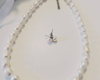 Set of Pearl- White Pearl Necklace, White Pearl Earrings, Stud Pearl Earrings, Freshwater Pearl, White Pearl, Wedding Pearl, Pearl Earrings