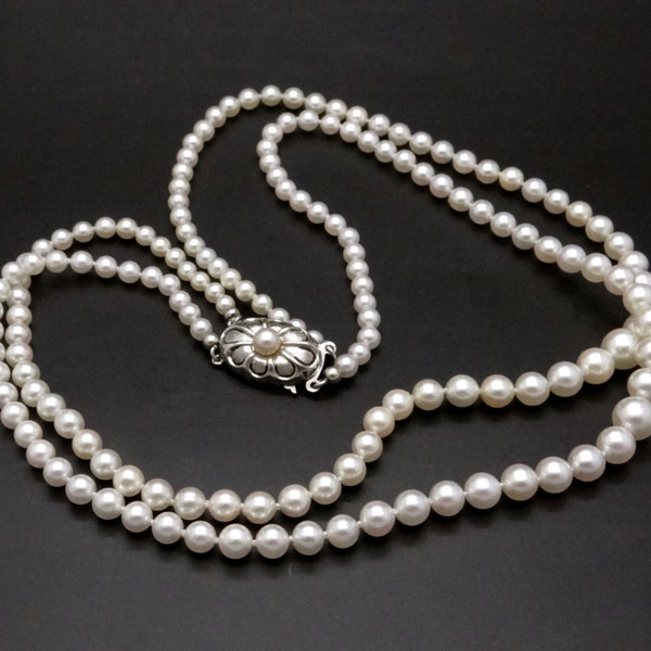 Genuine Pearl Necklace - 14K Gold Clasp - Graduated Salt Water Pearls Double Strand Necklace - 585 White Gold - Antique / Vintage Jewelry