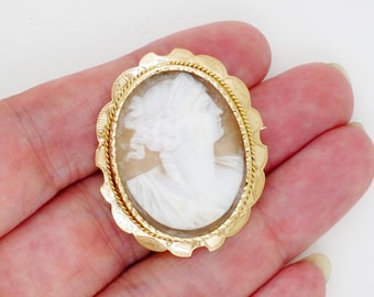 Antique Cameo Brooch, 14K Gold  Edwardian Carved Cameo Pin, Greek Goddess Hebe Carved Shell Cameo Portrait, 1900s Antique Jewelry