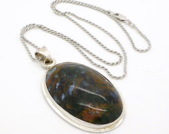 Collier pendentif jaspe bleu brun XXL, chaîne de corde en argent sterling 20 pouces, artisan de pierres précieuses de guérison surdimensionnées bijoux vintage fabriqués à la main