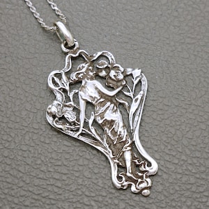 Vintage Sterling Silver Art Nouveau Pendant, Woman & Flowers Design, Optional 20&quot; Rope Chain