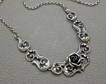 TEKA Theodor Klotz Sterling Silver Rose Flower Bib Necklace,  1950's Mid Century Jewelry from Pforzheim Germany