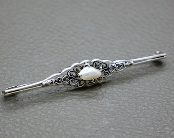 Antique 800 Silver Bar Brooch with Baroque Pearl - Modesty Brooch - 1920's Handcrafted Filigree Jewelry - KW5