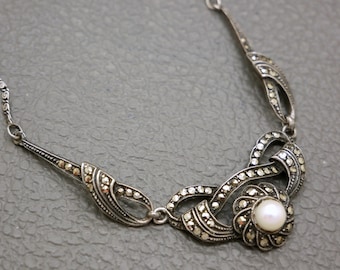 Collier vintage en argent 835 et marcassite - Collier de style Art déco de 46 cm - Bijoux Mid-Century des années 1950 - KW5