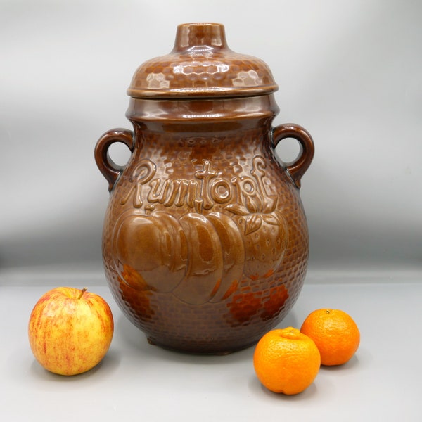 German Rumtopf, Glazed Lidded Ceramic Pot 821-32 by Scheurich Keramik, West Germany Pottery, Fruit Decor 50s Retro Kitchen, Fermenting Crock