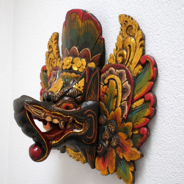 Balinese Elephant Barong Mask H35cm, Polychrome Hand painted Carved Wooden Mask Indonesian Home Guard Spirit, Wall Sculpture