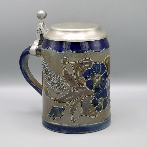 GERMAN BEER STEIN, boccale di birra con coperchio in peltro, gres smalto di sale Westerwald artigianale, accessorio grotta uomo, barware da collezione